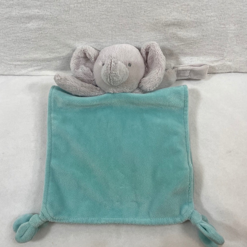 Carters Gray Elephant Lovey Aqua Security Blanket Knotted Corners Baby Lovey